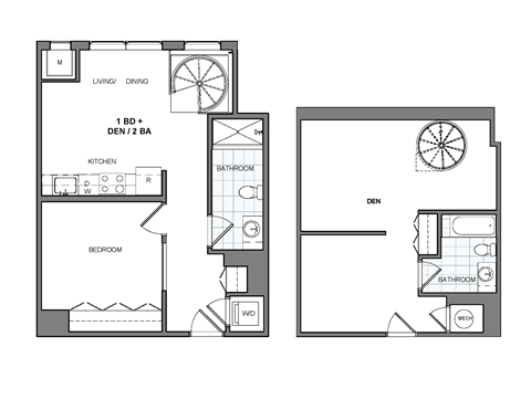 Floor plan for 1 bed, 2 baths, 1101 sqft